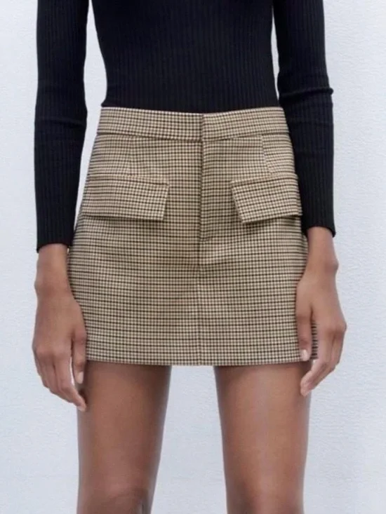 ZARA Brown Checkered Pocket Mini Skort - Picture 4 of 4